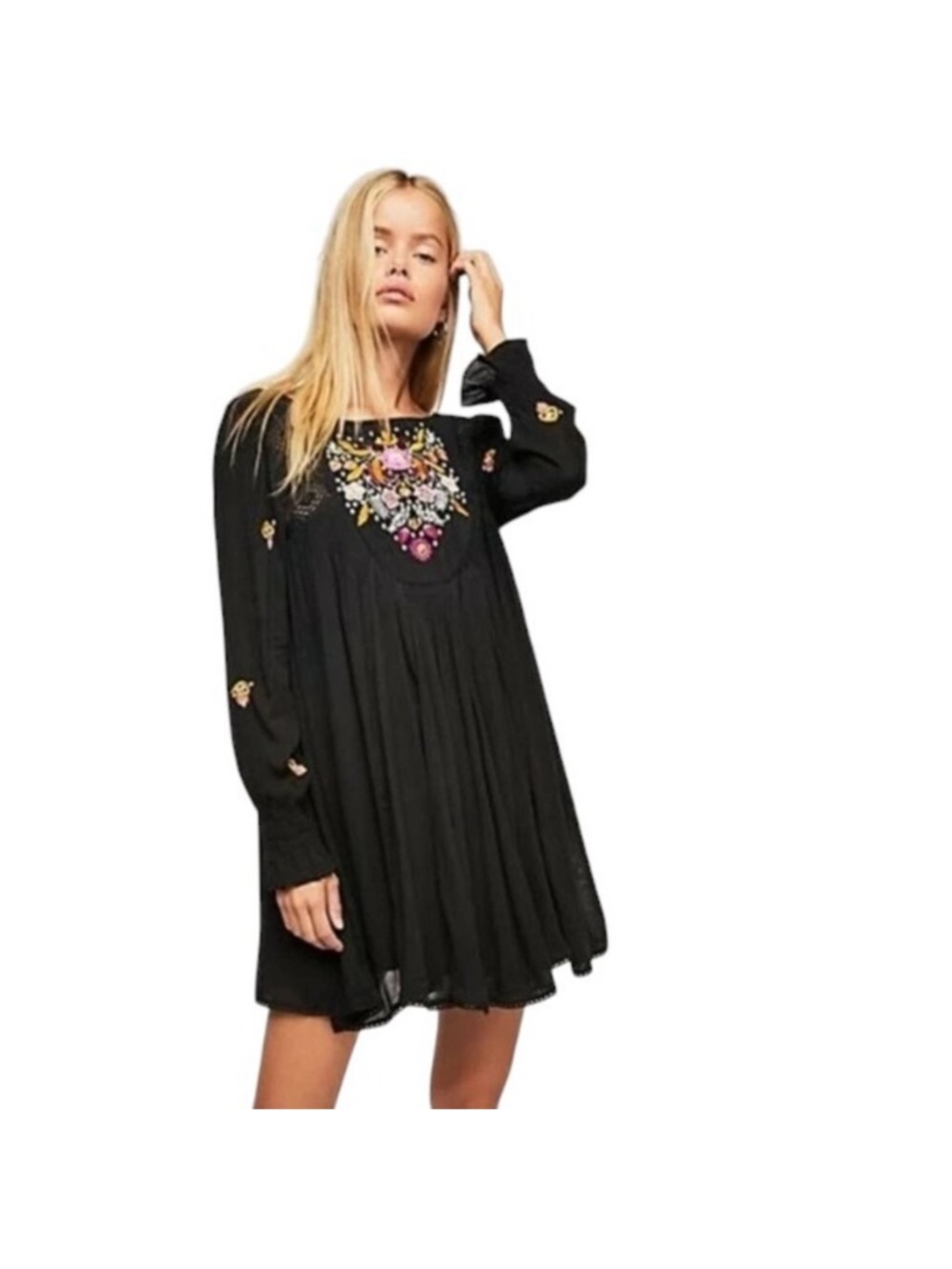 Free People Mojave Black Embroidered Boho Mini Dress with Multicolor Neck Detail